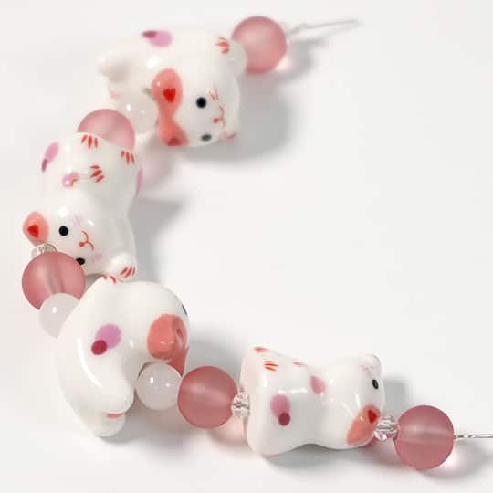 Jesse James Beads 15mm Pink & White Ceramic Cat Beads